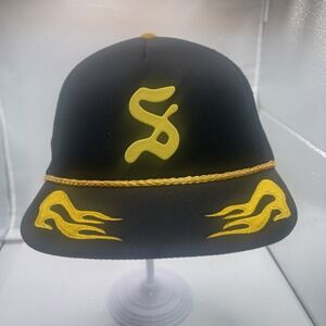 Straye Black and Yellow Trucker Hat with Flame Design